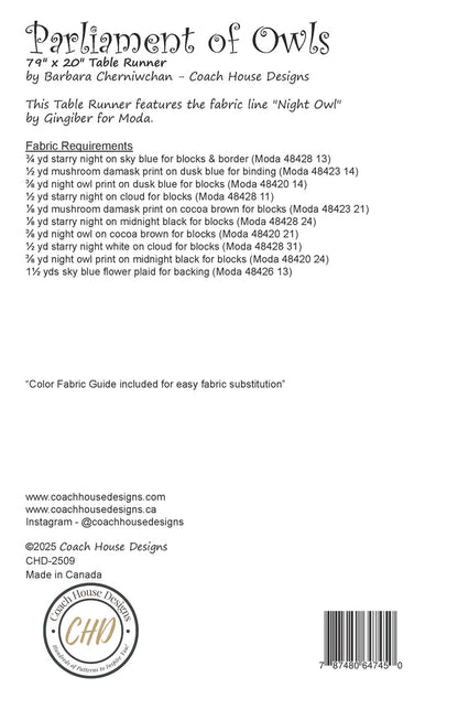 Fabric guide and specifications for a table runner quilt titled 'Parliament of Owls' by Coach House Designs.
