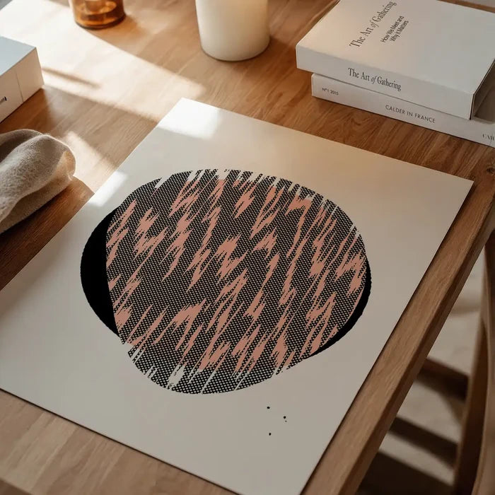 Pebble 1 abstract pattern print with a black circle and peach-pink textured fill on white archival paper.