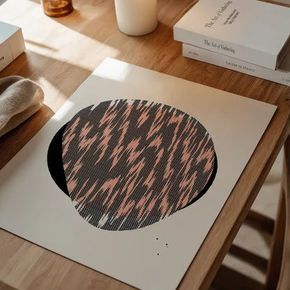 Pebble 1 abstract pattern print with a black circle and peach-pink textured fill on white archival paper.