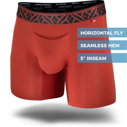 Red boxer briefs with a patterned waistband on a white background