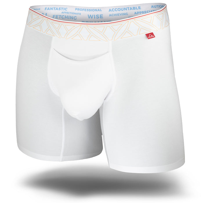 White boxer briefs with a patterned waistband on a white background
