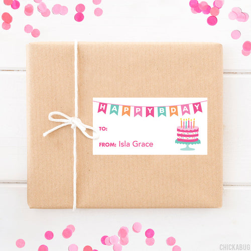 Pink Banner & Cake Birthday Gift Labels