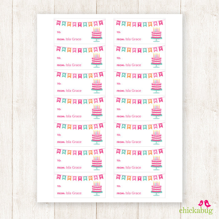 Pink Banner & Cake Birthday Gift Labels