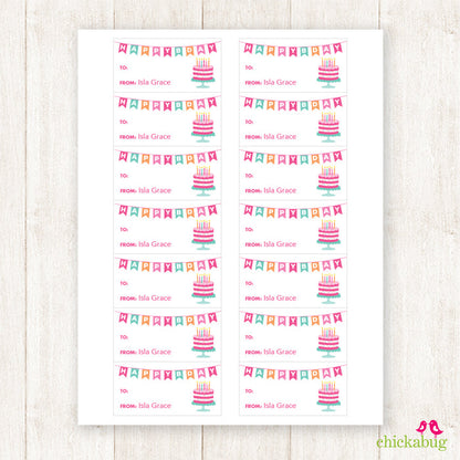 Pink Banner & Cake Birthday Gift Labels