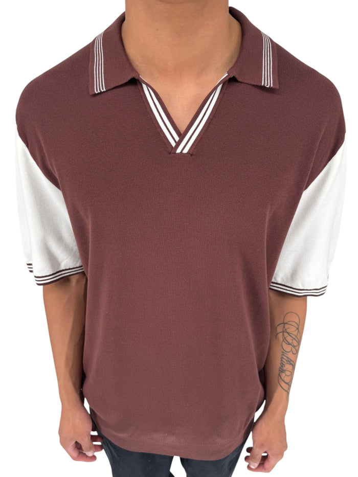 REISS Shark Knit Polo Shirt XXL Brown Ivory Modal Cotton Johnny Collar Men's