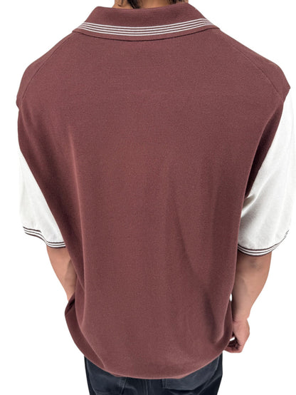 REISS Shark Knit Polo Shirt XXL Brown Ivory Modal Cotton Johnny Collar Men's