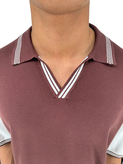 REISS Shark Knit Polo Shirt XXL Brown Ivory Modal Cotton Johnny Collar Men's