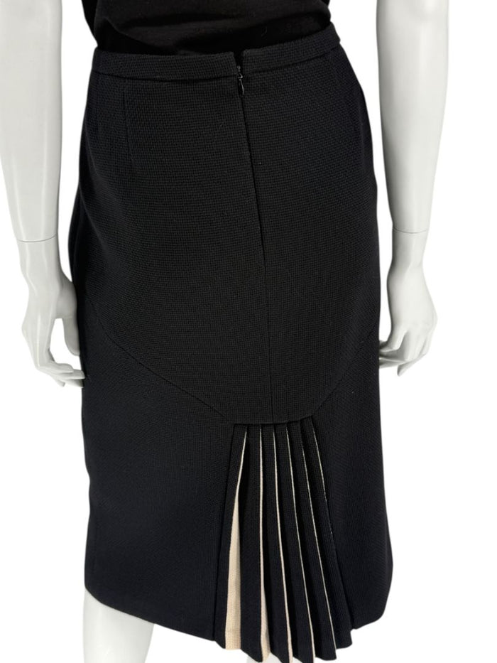 Rena Lange Black Wool Skirt with Contrast Pleated Back Panel – Size 12 (DE 42)
