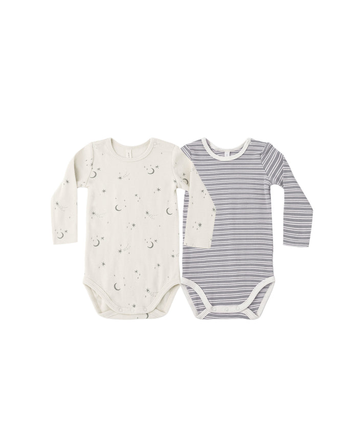 Ribbed Bodysuit, 2 Pack || Slate Microstripe, Celestial - Wee Bee Baby Boutique
