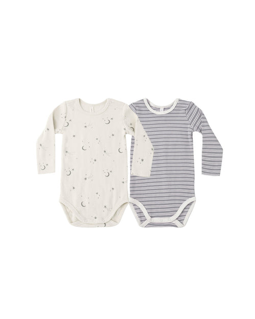 Ribbed Bodysuit, 2 Pack || Slate Microstripe, Celestial - Wee Bee Baby Boutique