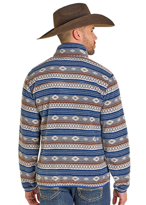 Rock and Roll Cowboy Men's Grey & Blue Aztec Stripe Print 1/4 Snap Fleece Pullover BM91T07719