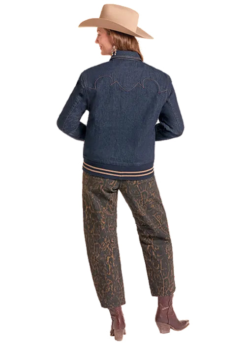 Rock and Roll Cowgirl Women's Denim Boot Stitch Embroidered Bomber Jacket BW92D09835