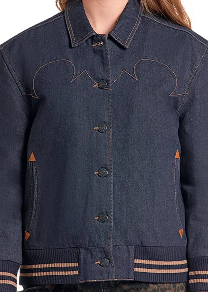 Rock and Roll Cowgirl Women's Denim Boot Stitch Embroidered Bomber Jacket BW92D09835