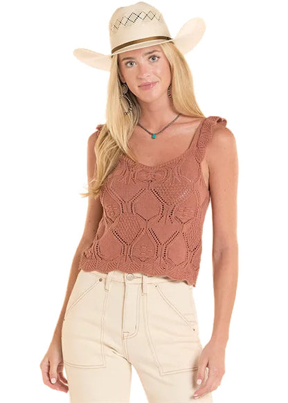 Rock and Roll Cowgirl Women's Dusty Rose Mauve Crochet Scoop Neck Cropped Tank Top BW20T08768