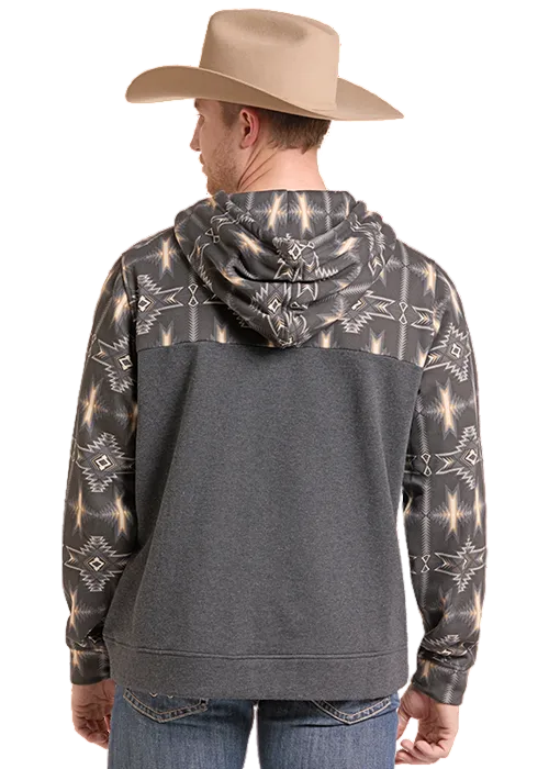 Rock & Roll Cowboy Men's Black Aztec Print 1/4 Snap Western Hoodie BM94T09626