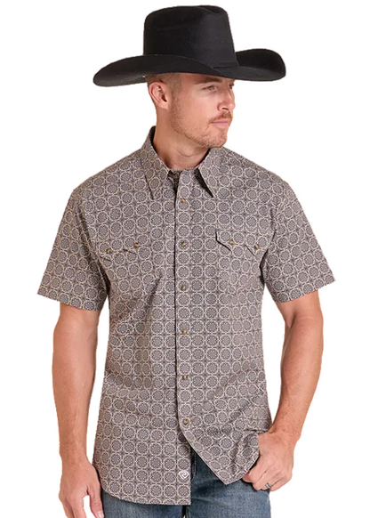 Rock & Roll Cowboy Men's Brown Medallion Modern Fit Pearl Snap Short Sleeve Western Shirt BMN3S09442