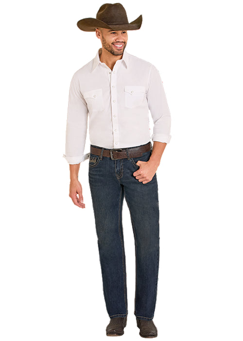 Rock & Roll Cowboy Men's Dark Vintage Two Tone Emblem Regular Fit Straight Boot Leg Jeans BM1PD08018