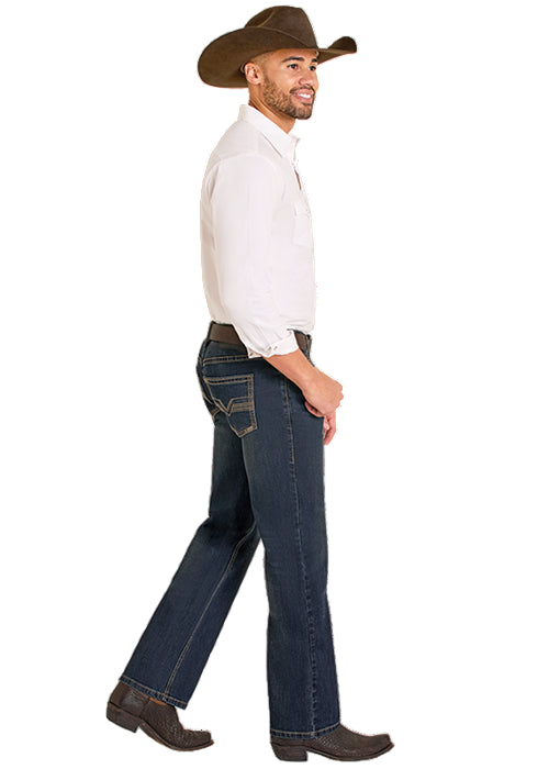 Rock & Roll Cowboy Men's Dark Vintage Two Tone Emblem Regular Fit Straight Boot Leg Jeans BM1PD08018