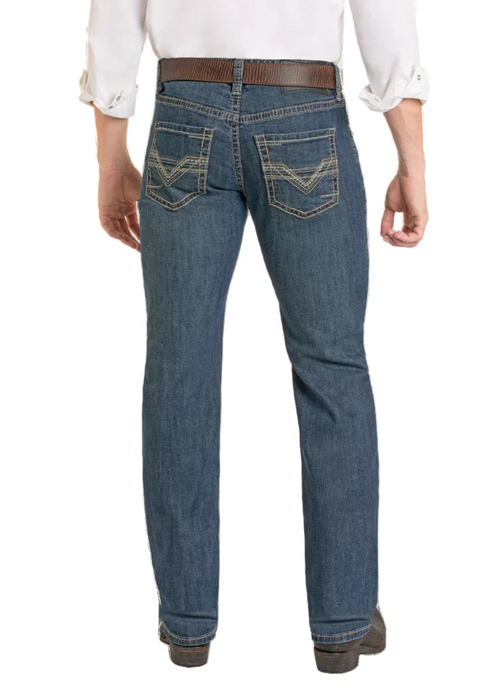 Rock & Roll Cowboy Men's Medium Wash Regular Fit Ladder Stackable Boot Cut Jeans BMSPD07356
