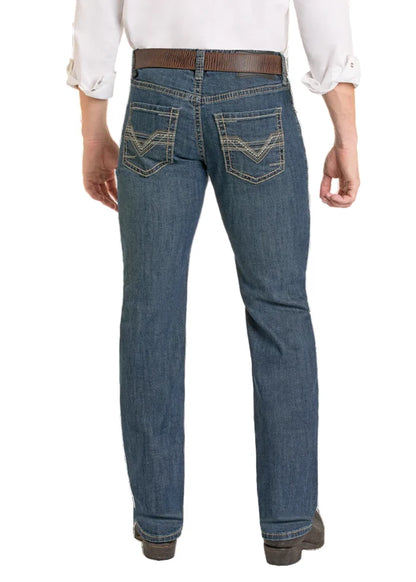Rock & Roll Cowboy Men's Medium Wash Regular Fit Ladder Stackable Boot Cut Jeans BMSPD07356