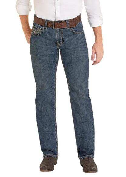 Rock & Roll Cowboy Men's Medium Wash Regular Fit Ladder Stackable Boot Cut Jeans BMSPD07356