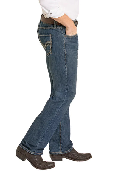Rock & Roll Cowboy Men's Medium Wash Regular Fit Ladder Stackable Boot Cut Jeans BMSPD07356