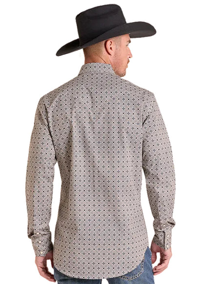Rock & Roll Cowboy Men's Teal Medallion Modern Fit Pearl Snap Long Sleeve Western Shirt BMN2S09431