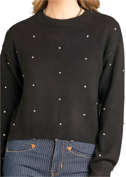 Rock & Roll Cowgirl Black Rhinestone Embellished Knit Cropped Long Sleeve Sweater BW32T06948
