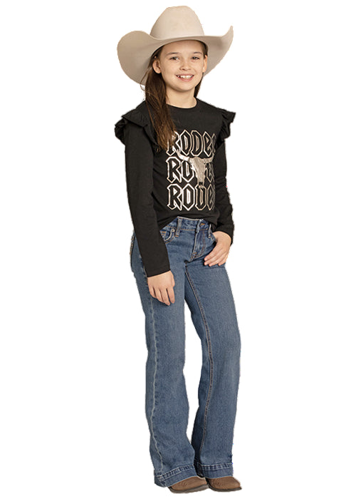 Rock & Roll Cowgirl Girl's Medium Wash Boot Stitch Raised Emblem Trouser Jeans BG5MD08059