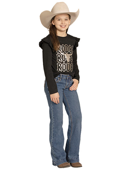 Rock & Roll Cowgirl Girl's Medium Wash Boot Stitch Raised Emblem Trouser Jeans BG5MD08059
