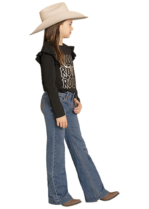Rock & Roll Cowgirl Girl's Medium Wash Boot Stitch Raised Emblem Trouser Jeans BG5MD08059