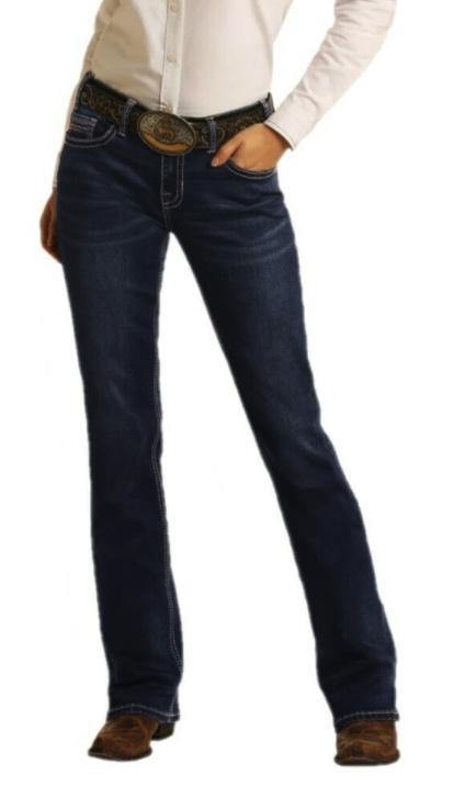 Rock & Roll Cowgirl Junior's Mid Rise Dark Wash Stretch Riding Bootcut Jeans W7-4166-Painted Cowgirl Western Store