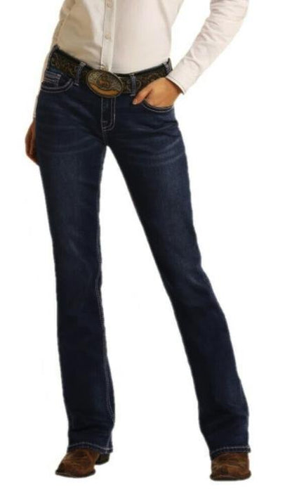 Rock & Roll Cowgirl Junior's Mid Rise Dark Wash Stretch Riding Bootcut Jeans W7-4166-Painted Cowgirl Western Store