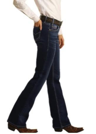 Rock & Roll Cowgirl Junior's Mid Rise Dark Wash Stretch Riding Bootcut Jeans W7-4166-Painted Cowgirl Western Store