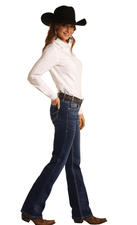 Rock & Roll Cowgirl Junior's Mid Rise Dark Wash Stretch Riding Bootcut Jeans W7-4166