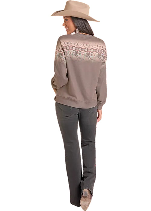 Rock & Roll Cowgirl Light Chocolate Taupe Cowboy Aztec Border Sweatshirt BW91T09375