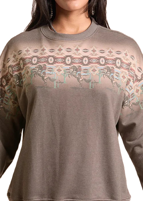 Rock & Roll Cowgirl Light Chocolate Taupe Cowboy Aztec Border Sweatshirt BW91T09375