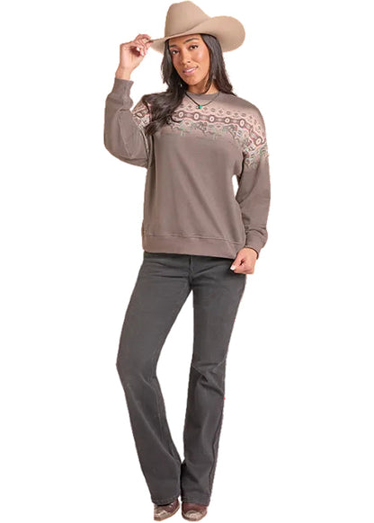 Rock & Roll Cowgirl Light Chocolate Taupe Cowboy Aztec Border Sweatshirt BW91T09375