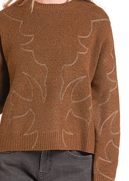 Rock & Roll Cowgirl Rust Boot Stitch Embroidered Sweater BW32T09400