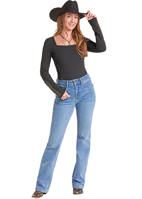 Rock & Roll Cowgirl Women's Black Grommet Long Sleeve Top BW22T09384