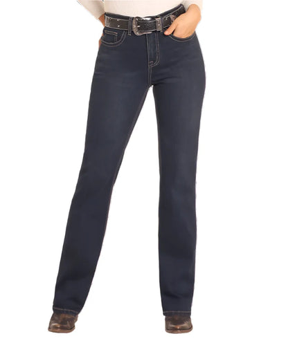 Rock & Roll Cowgirl Women's Dark Wash Bootstitch High Rise Modest Bootcut Jeans BW4HD04764
