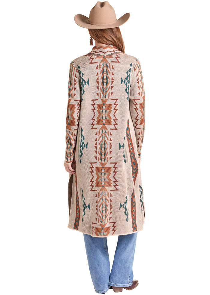 Rock & Roll Cowgirl Women's Natural Aztec Print Sweater Cardigan Duster BW95T09737