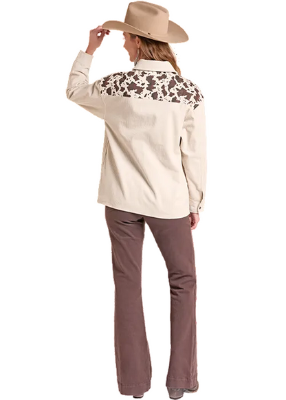 Rock & Roll Cowgirl Women's Natural Cow Print Corduroy Shirt Jacket BWN2S09388