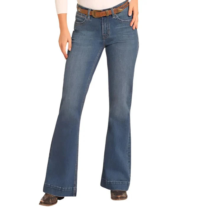 Rock & Roll Cowgirl Women's Vintage Wash Bootstitch Pocket Mid Rise Trouser Jeans BW5MD04782
