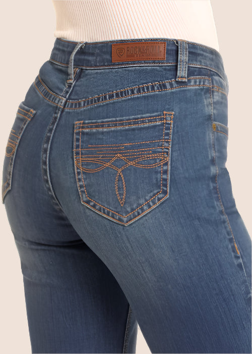 Rock & Roll Cowgirl Women's Vintage Wash Bootstitch Pocket Mid Rise Trouser Jeans BW5MD04782