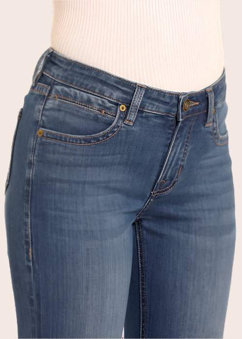 Rock & Roll Cowgirl Women's Vintage Wash Bootstitch Pocket Mid Rise Trouser Jeans BW5MD04782