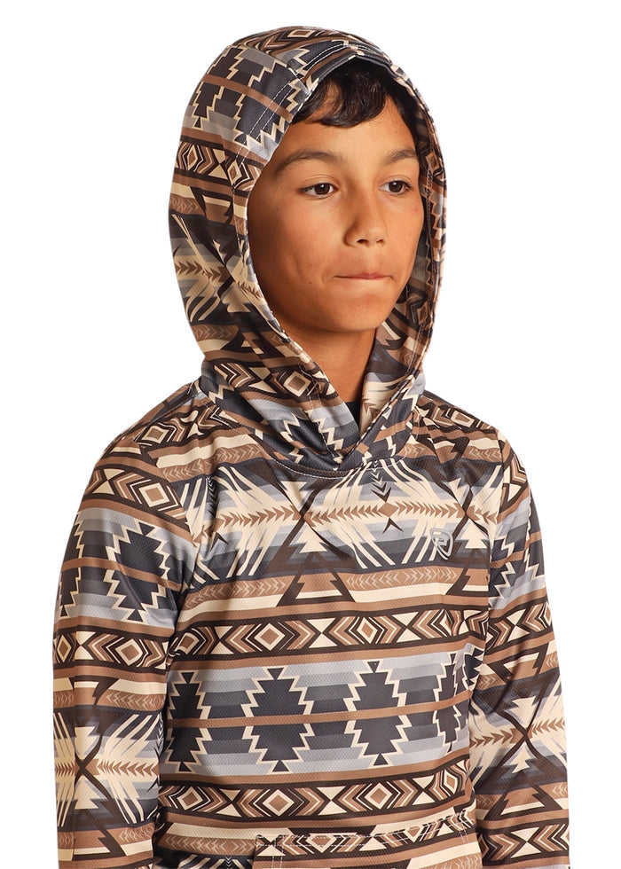 Rock & Roll Denim Boy's Brown Aztec Striped Performance Hoodie BB94T05975-Painted Cowgirl Western Store