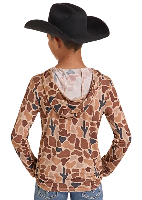 Rock & Roll Denim Boy's Tan Camo Print Long Sleeve Lite Hoodie Tee BB22T09614