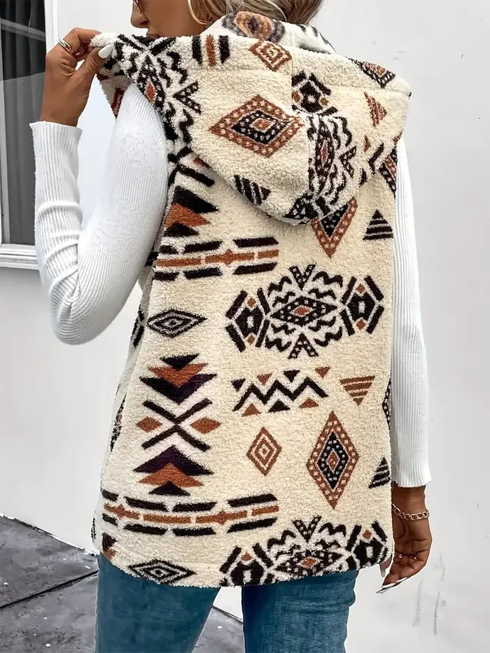 Rosa Beige Aztec Print Hooded Fleece Vest RCJW06648
