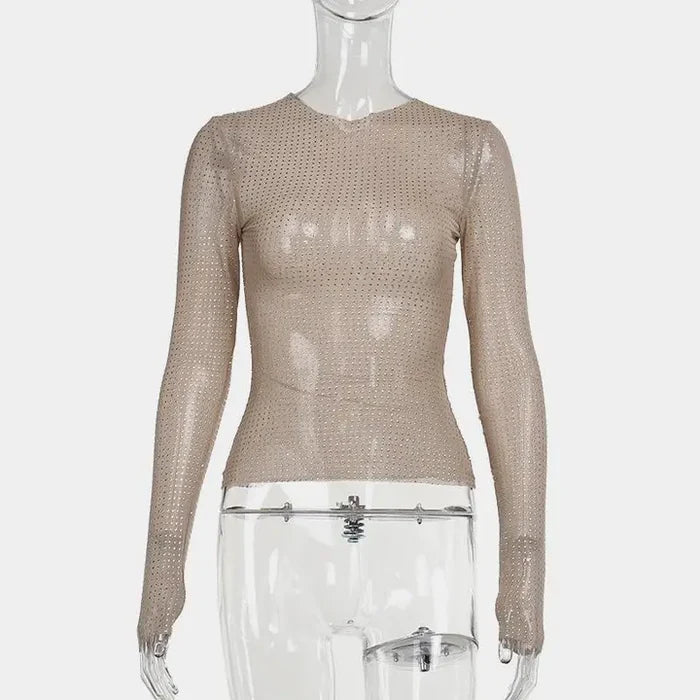 Rosa Taupe Rhinestone Sheer Mesh Round Neck Long Sleeve Top RCWJ03140